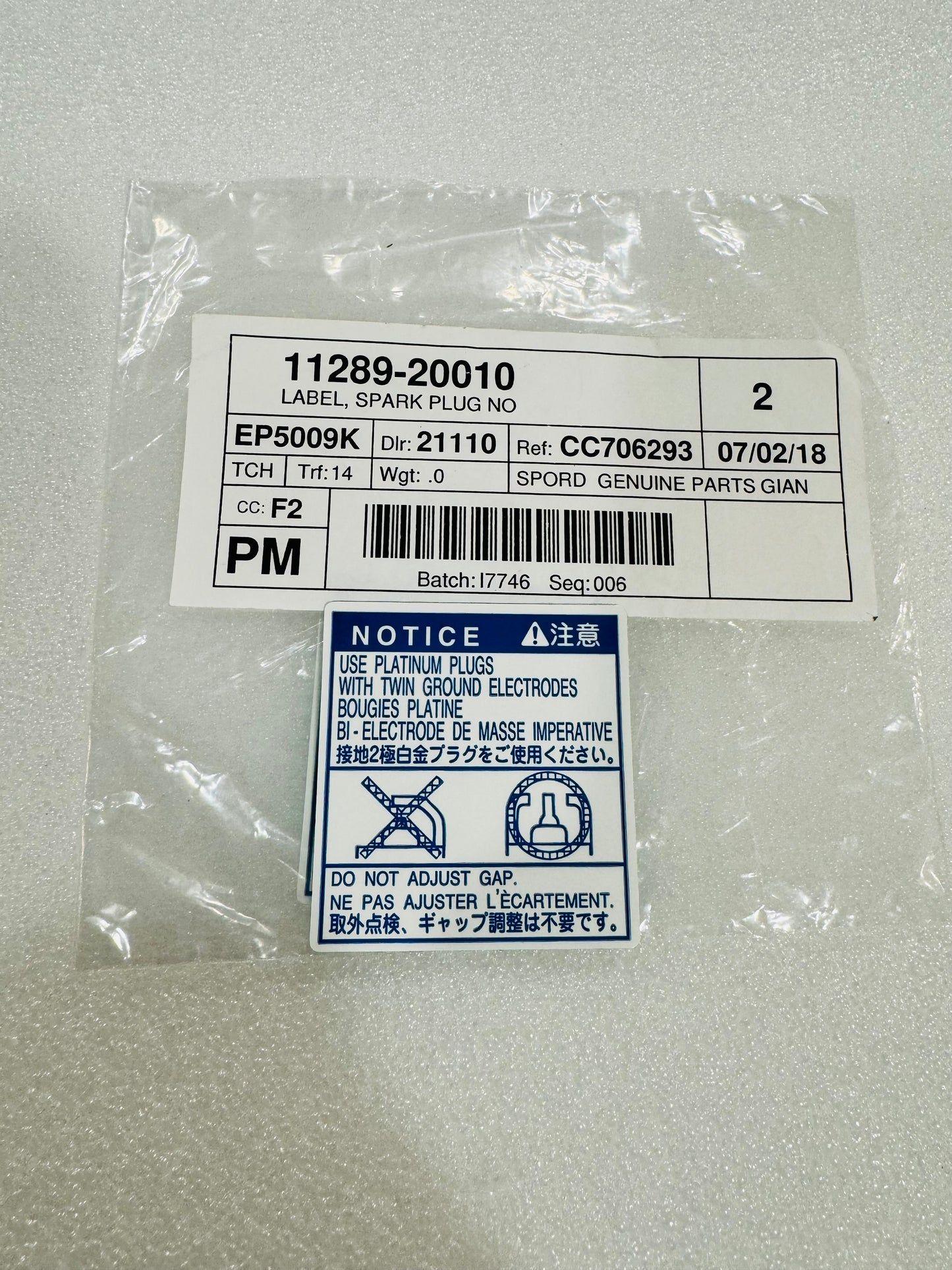 11289-20010 Spark Plug label