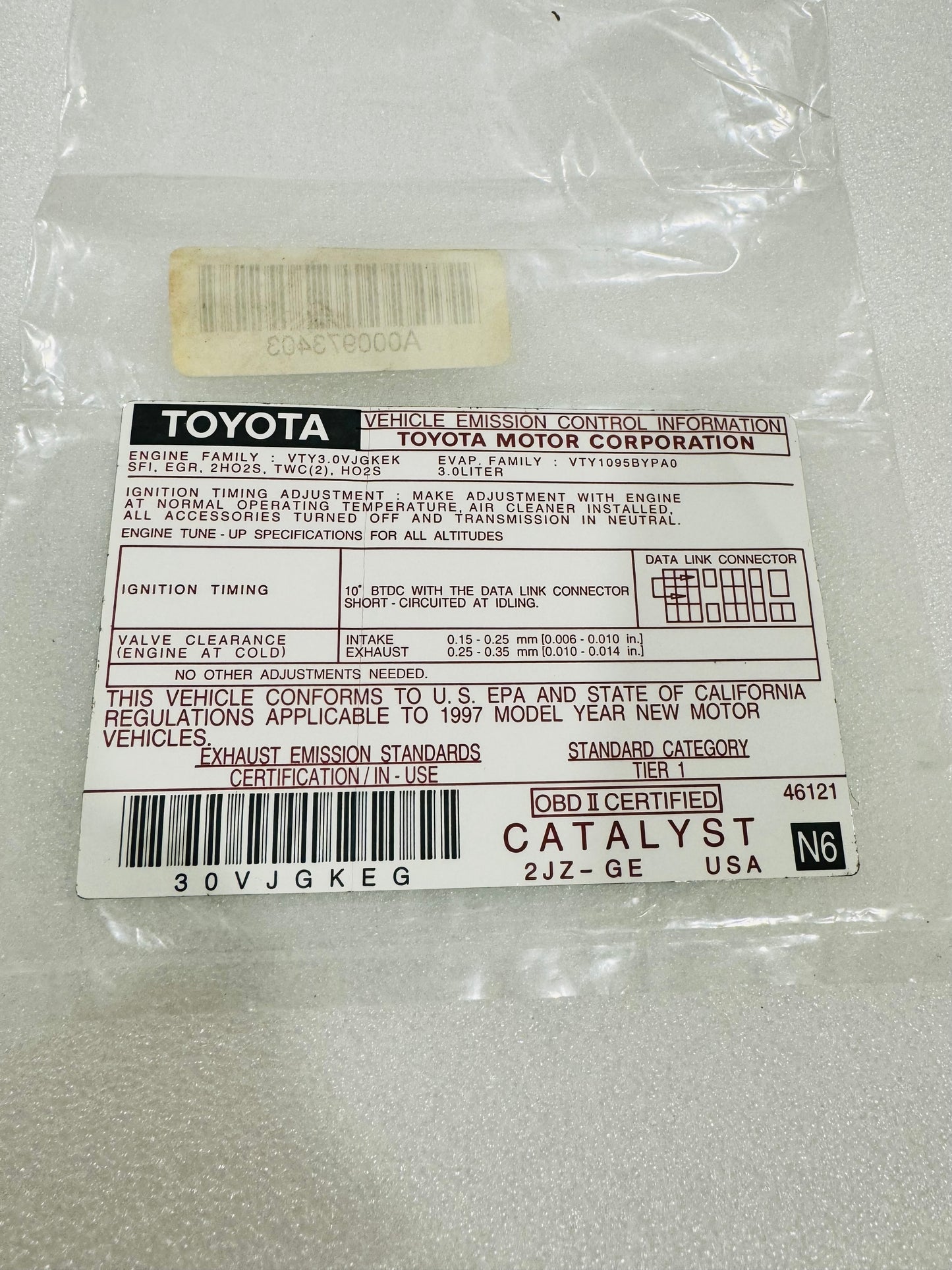 30VJGKEG 2JZ-GE emission label (Coming soon)