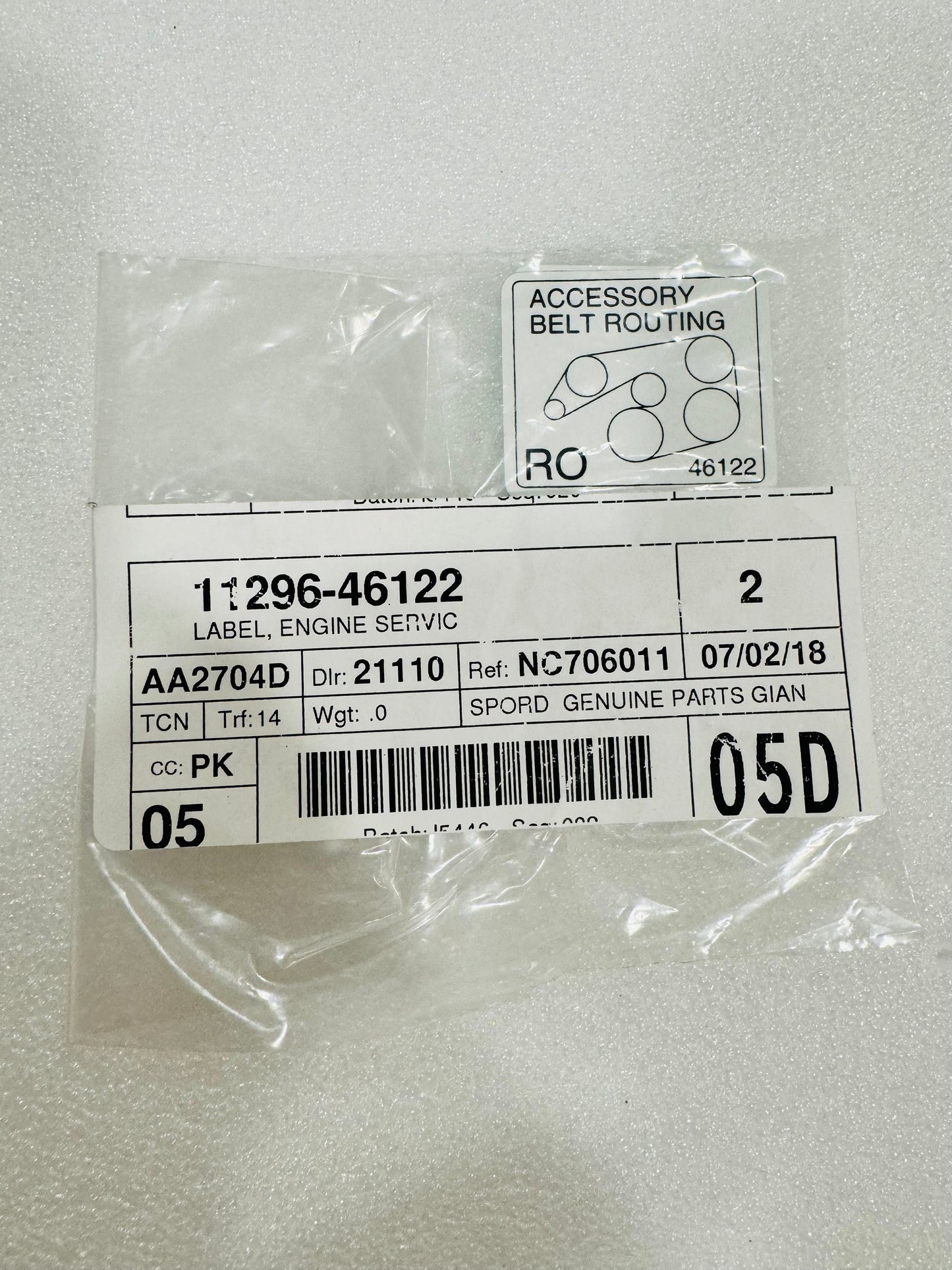 11296-46122 Accessory Belt Routing Label